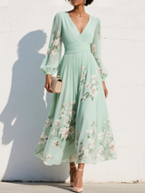 Maxi Pleated Chiffon Dress in Mint Green with Floral Print for Women – green | The Bellemont Sisters Australia