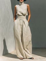 Aurora | Relaxed Beige Sleeveless Wide-Leg Co-Ord Set – Beige | The Bellemont Sisters Australia