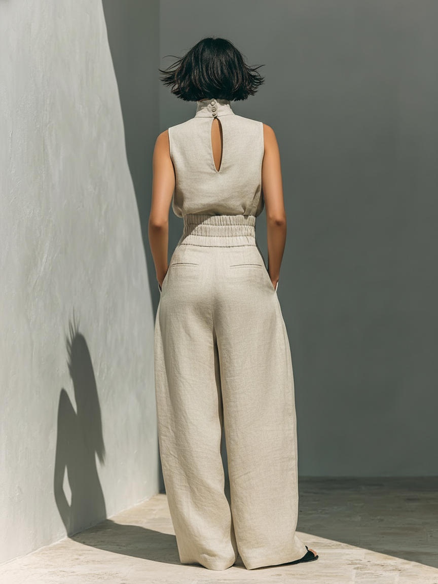 Aurora | Relaxed Beige Sleeveless Wide-Leg Co-Ord Set | The Bellemont Sisters Australia