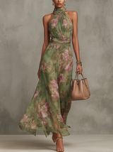 Serena — Elegant Floral Chiffon Halter Maxi Dress – Green | The Bellemont Sisters Australia