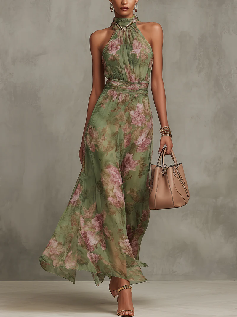 Serena — Elegant Floral Chiffon Halter Maxi Dress – Green | The Bellemont Sisters Australia