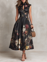 Violetta - Black Midi Dress in Pleated Satin with Floral Pattern and Keyhole Neckline – Black | The Bellemont Sisters Austral