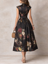 Violetta - Black Midi Dress in Pleated Satin with Floral Pattern and Keyhole Neckline | The Bellemont Sisters Australia