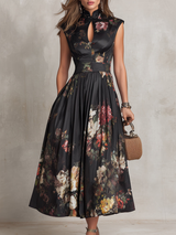 Violetta - Black Midi Dress in Pleated Satin with Floral Pattern and Keyhole Neckline | The Bellemont Sisters Australia