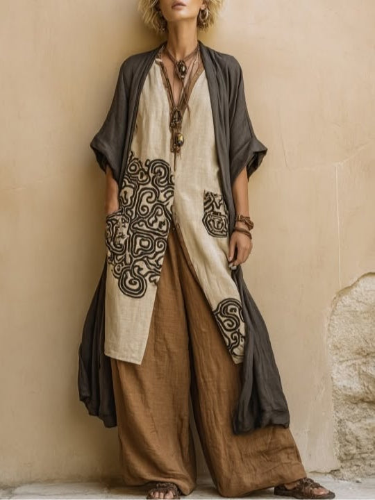 Giulia - Three-Piece Bohemian Nomad Set in Dark Gray and Brown with Tribal Pattern – Dark Gray Brown | The Bellemont Sisters 