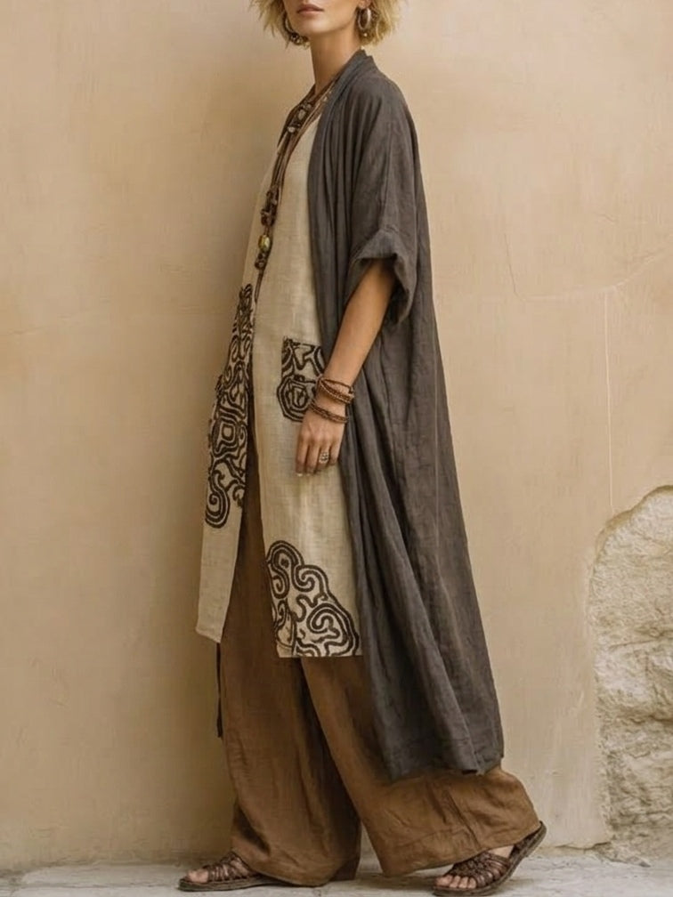 Giulia - Three-Piece Bohemian Nomad Set in Dark Gray and Brown with Tribal Pattern | The Bellemont Sisters Australia