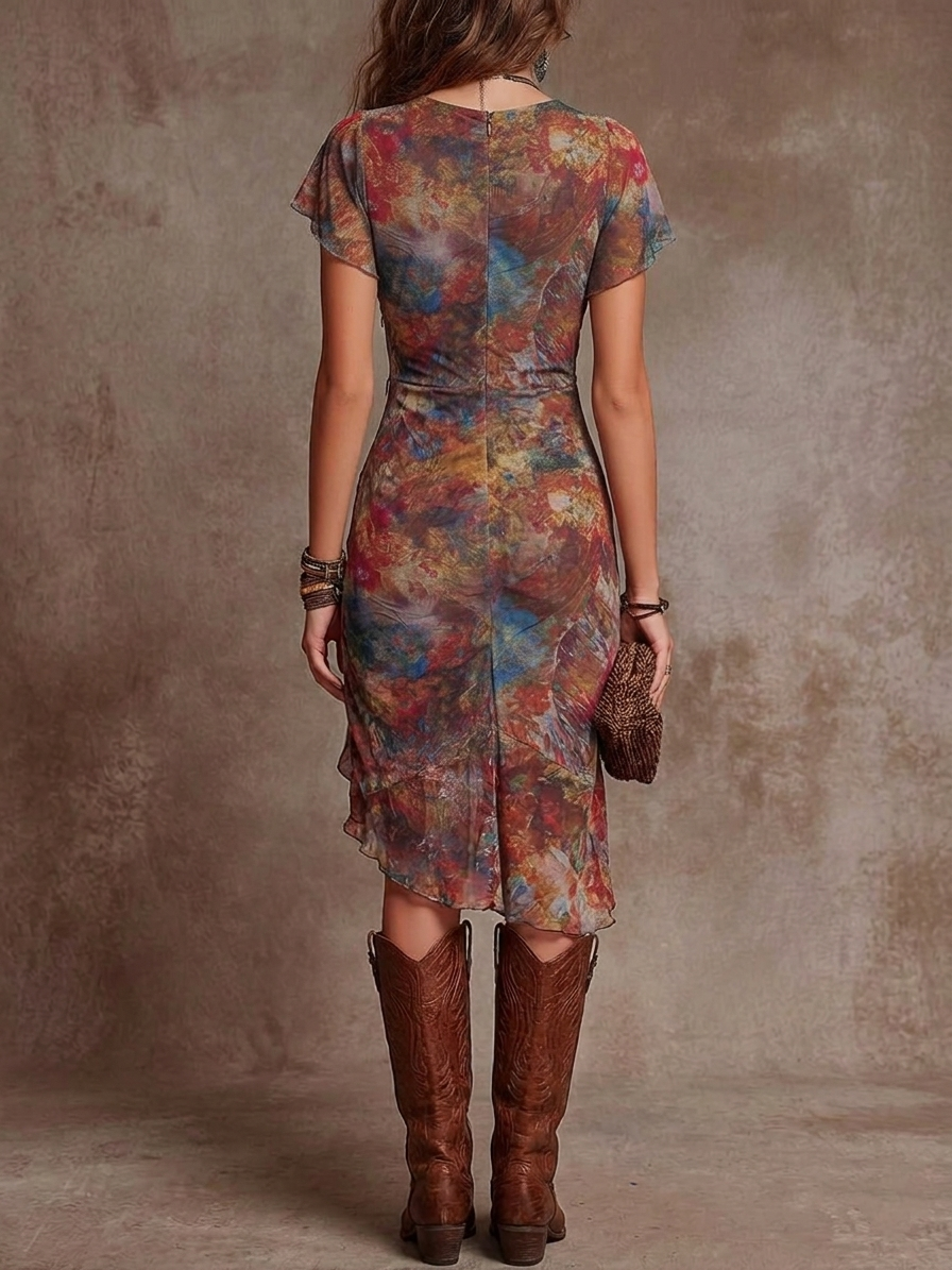 Bohemian Abstract Art Print V-neck Pleated Midi Dress | The Bellemont Sisters Australia