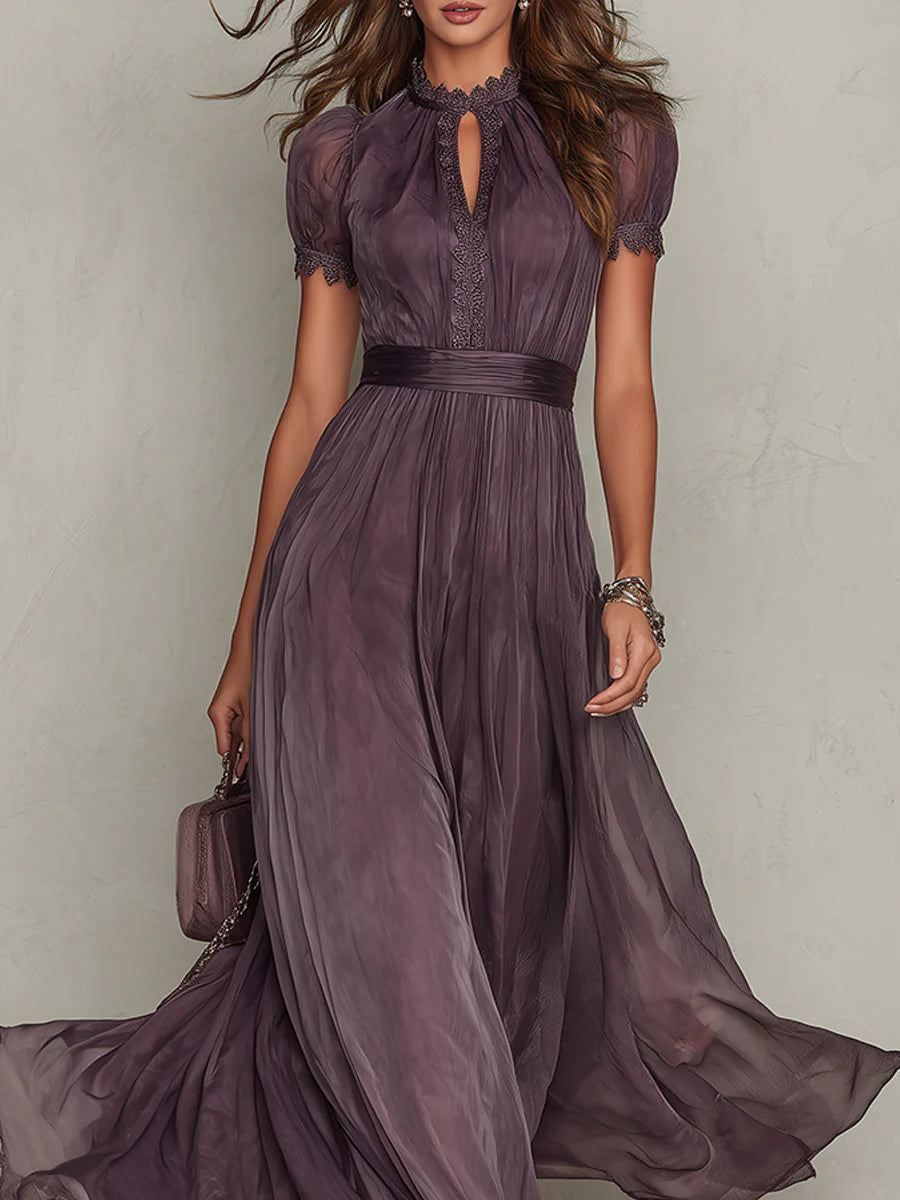 Flavia | Elegant long purple dress with a drop neckline and lace | The Bellemont Sisters Australia