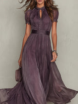 Flavia | Elegant long purple dress with a drop neckline and lace | The Bellemont Sisters Australia
