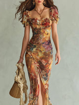Viola | Long orange chiffon dress with bohemian-style oil painting print | The Bellemont Sisters Australia