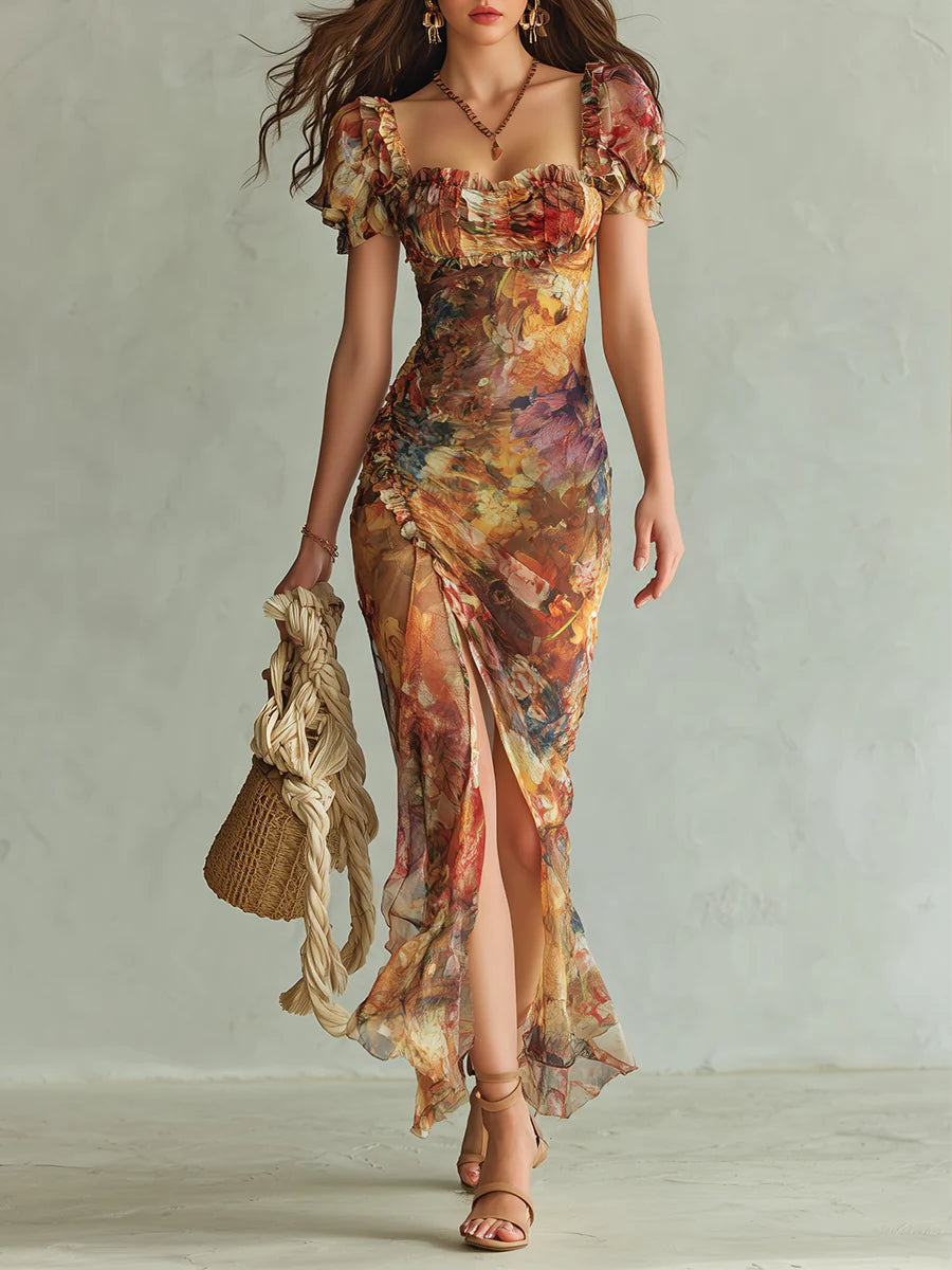 Viola | Long orange chiffon dress with bohemian-style oil painting print – Orange | The Bellemont Sisters Australia