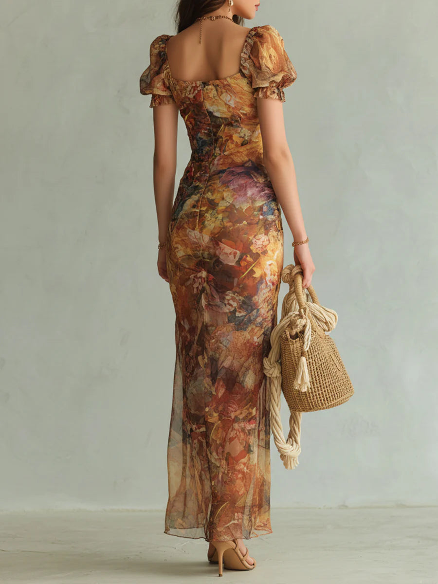 Viola | Long orange chiffon dress with bohemian-style oil painting print | The Bellemont Sisters Australia