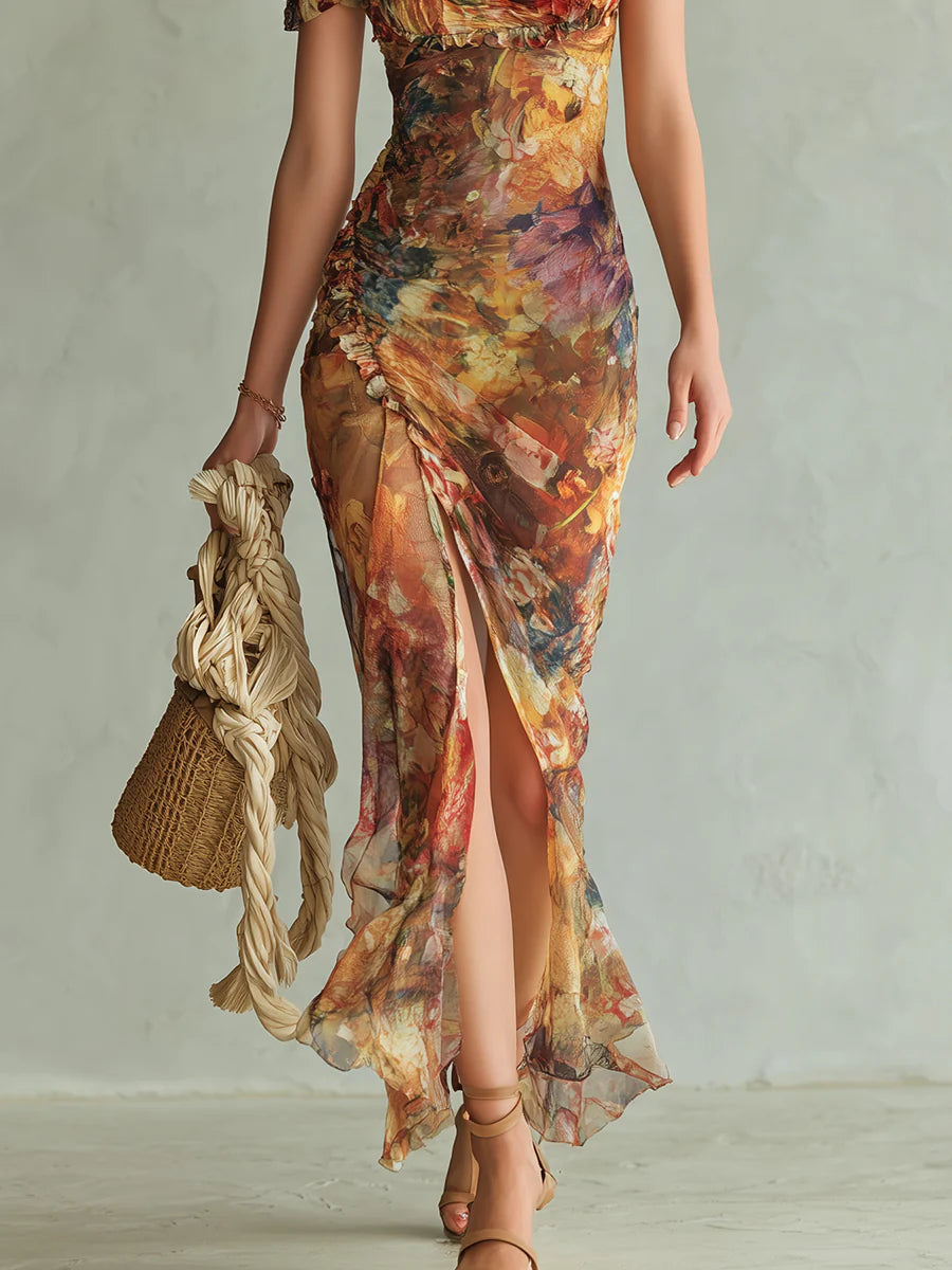 Viola | Long orange chiffon dress with bohemian-style oil painting print | The Bellemont Sisters Australia