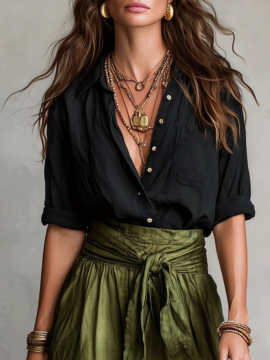 Vera™ | Two-Piece Set: Black Top and Olive Green Midi Skirt | The Bellemont Sisters Australia