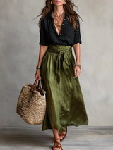 Vera™ | Two-Piece Set: Black Top and Olive Green Midi Skirt – Black Green | The Bellemont Sisters Australia