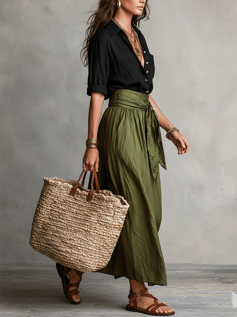 Vera™ | Two-Piece Set: Black Top and Olive Green Midi Skirt | The Bellemont Sisters Australia