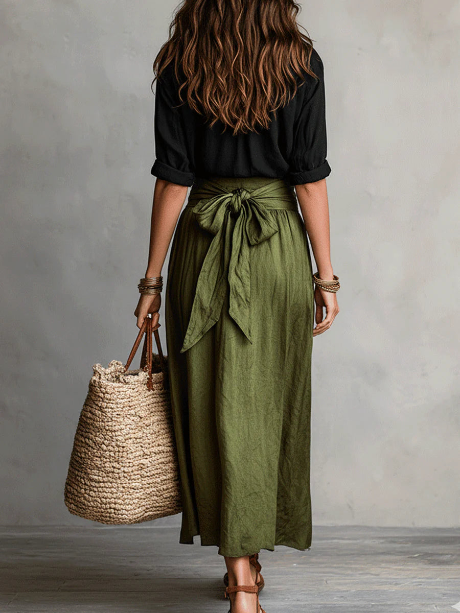 RIVER | Two-Piece Set: Black Top and Olive Green Midi Skirt | The Bellemont Sisters Australia