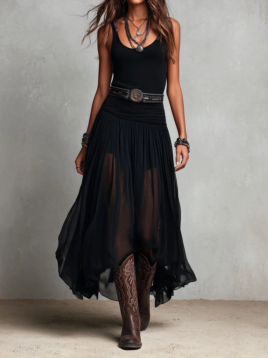 Black Sleeveless Tank Top With Tulle Skirt Maxi Dress (with belt) – Black | The Bellemont Sisters Australia