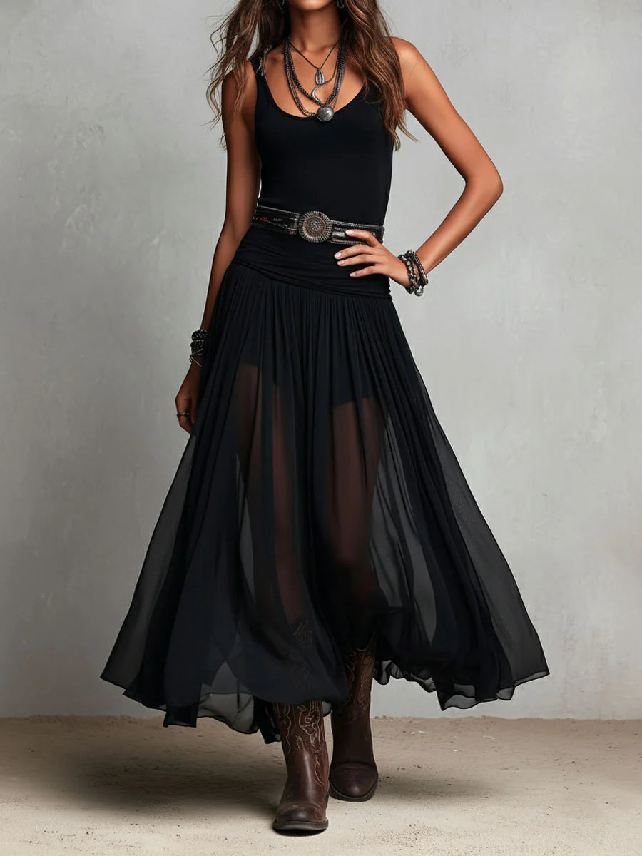 Black Sleeveless Tank Top With Tulle Skirt Maxi Dress (with belt) | The Bellemont Sisters Australia