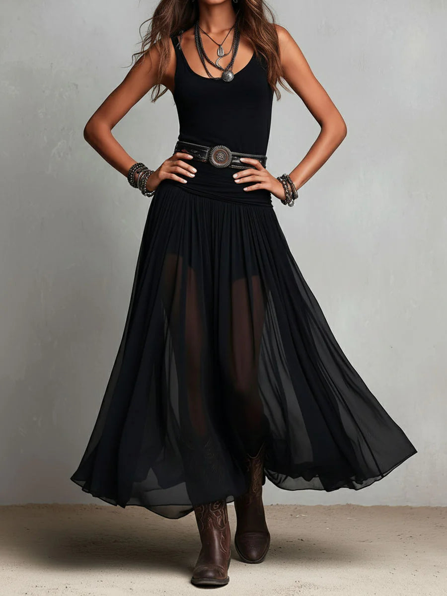 Black Sleeveless Tank Top With Tulle Skirt Maxi Dress (with belt) | The Bellemont Sisters Australia