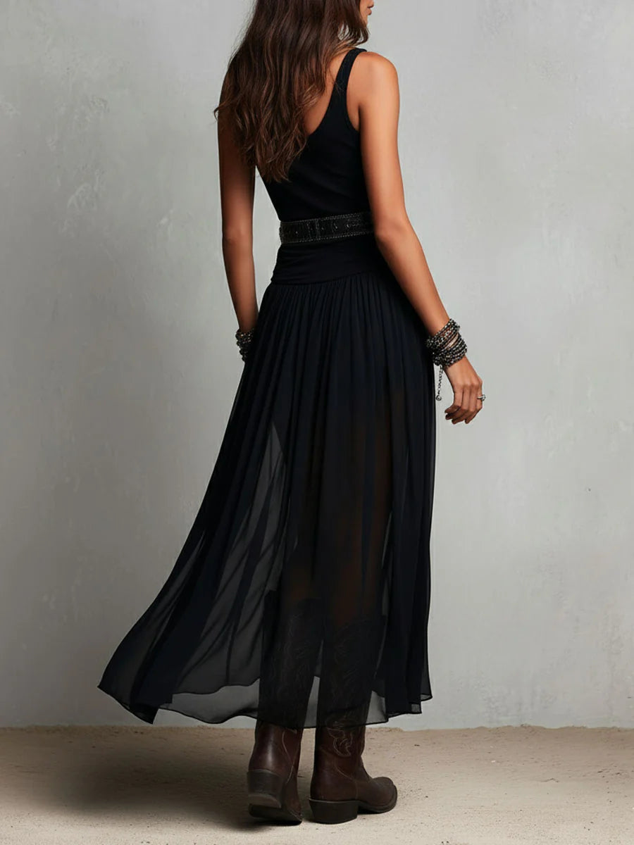 Black Sleeveless Tank Top With Tulle Skirt Maxi Dress (with belt) | The Bellemont Sisters Australia
