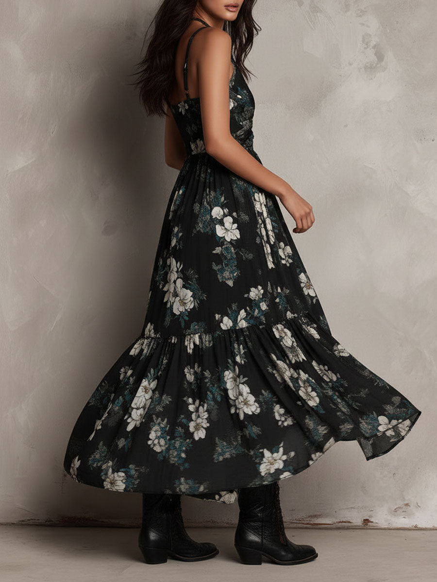 Black Bohemian Floral Print Irregular Strapless Maxi Dress | The Bellemont Sisters Australia