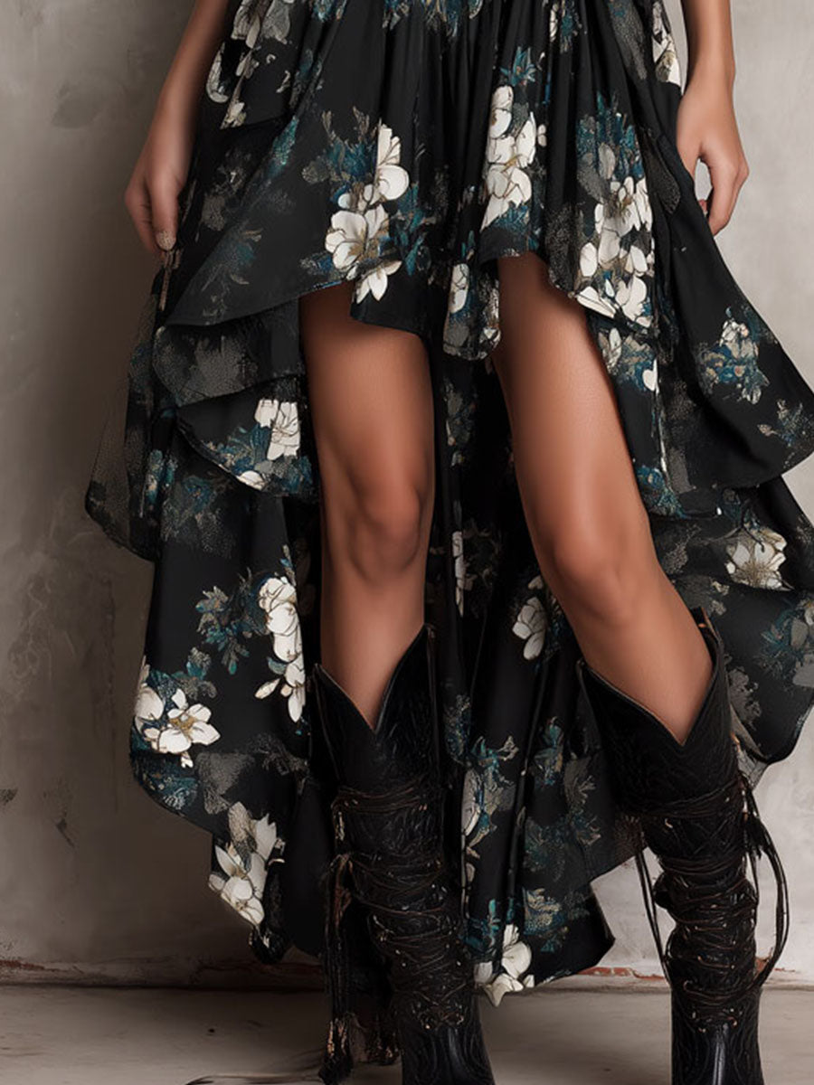 Black Bohemian Floral Print Irregular Strapless Maxi Dress | The Bellemont Sisters Australia