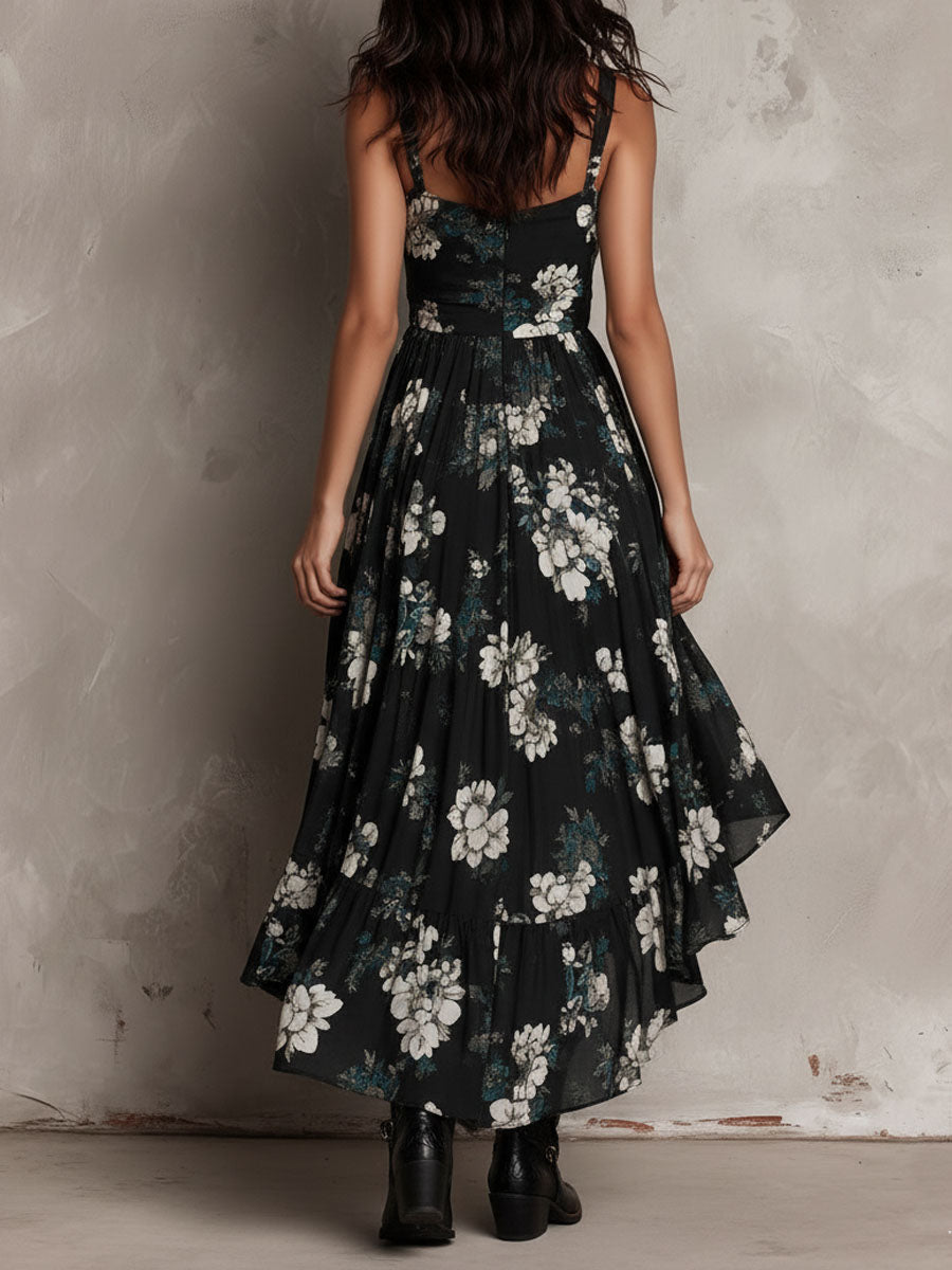 Black Bohemian Floral Print Irregular Strapless Maxi Dress | The Bellemont Sisters Australia