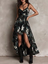 Black Bohemian Floral Print Irregular Strapless Maxi Dress | The Bellemont Sisters Australia