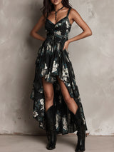 Black Bohemian Floral Print Irregular Strapless Maxi Dress | The Bellemont Sisters Australia
