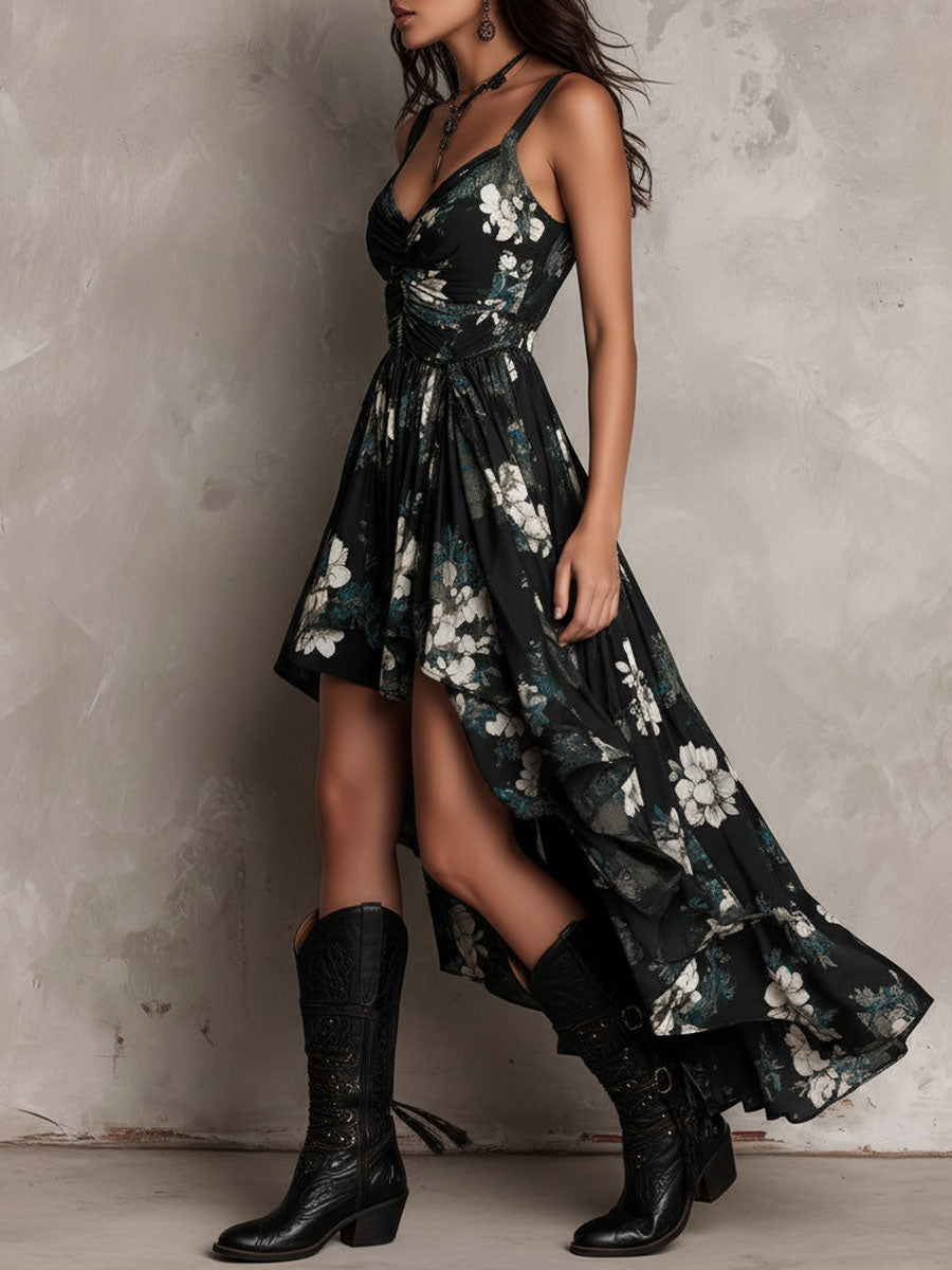 Black Bohemian Floral Print Irregular Strapless Maxi Dress | The Bellemont Sisters Australia