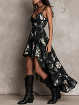 Black Bohemian Floral Print Irregular Strapless Maxi Dress | The Bellemont Sisters Australia
