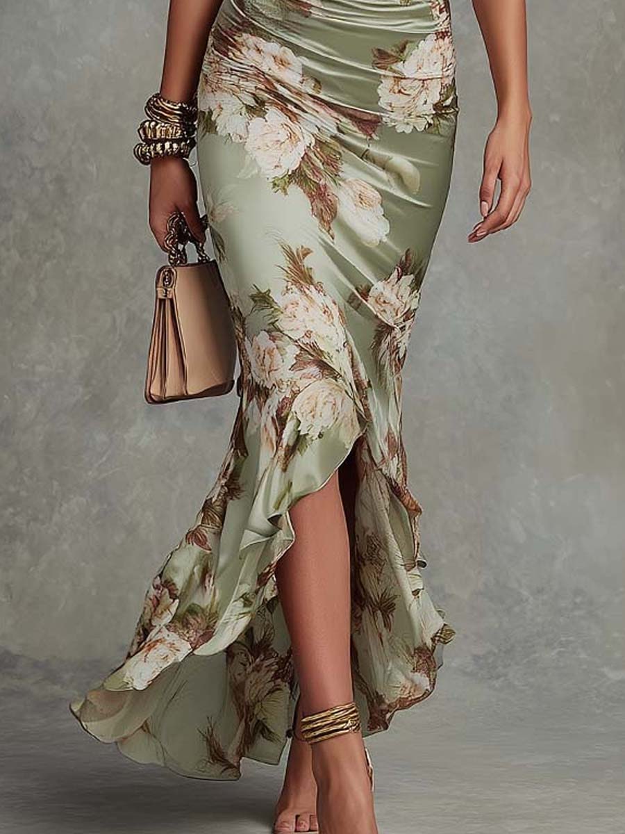Green Floral Ruffled Bell Sleeve V-neck Satin Asymmetrical Maxi Dress | The Bellemont Sisters Australia
