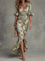 Green Floral Ruffled Bell Sleeve V-neck Satin Asymmetrical Maxi Dress – Green | The Bellemont Sisters Australia