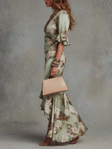 Green Floral Ruffled Bell Sleeve V-neck Satin Asymmetrical Maxi Dress | The Bellemont Sisters Australia