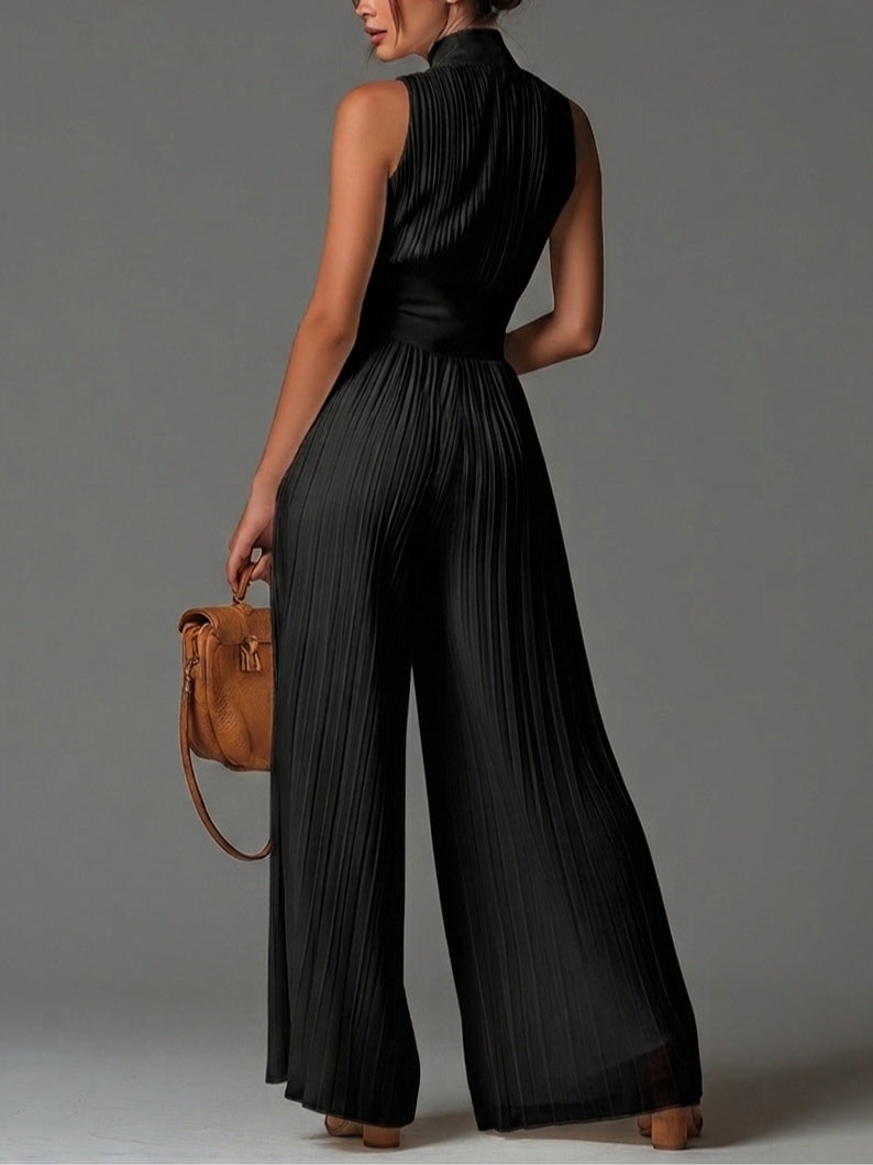 Black V-neck Sleeveless Zip-up Pleated Wide-leg Chiffon Jumpsuit | The Bellemont Sisters Australia