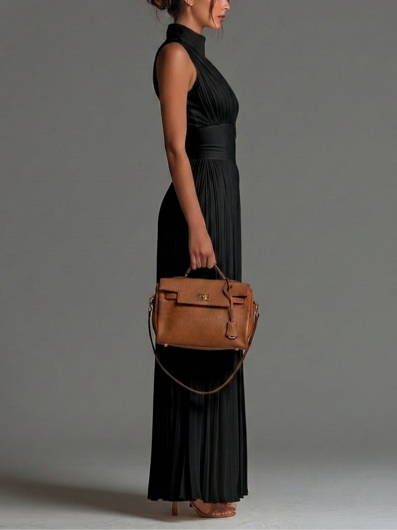 Black V-neck Sleeveless Zip-up Pleated Wide-leg Chiffon Jumpsuit | The Bellemont Sisters Australia