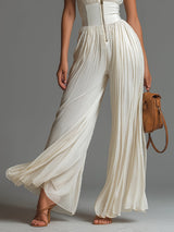 White V-neck Sleeveless Zip-up Pleated Wide-leg Chiffon Jumpsuit | The Bellemont Sisters Australia