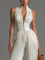 White V-neck Sleeveless Zip-up Pleated Wide-leg Chiffon Jumpsuit | The Bellemont Sisters Australia