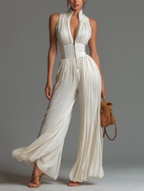 White V-neck Sleeveless Zip-up Pleated Wide-leg Chiffon Jumpsuit – White | The Bellemont Sisters Australia