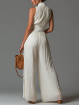 White V-neck Sleeveless Zip-up Pleated Wide-leg Chiffon Jumpsuit | The Bellemont Sisters Australia