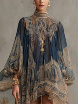 Navy Blue Baroque Print High-neck Irregular Chiffon Mini Dress | The Bellemont Sisters Australia