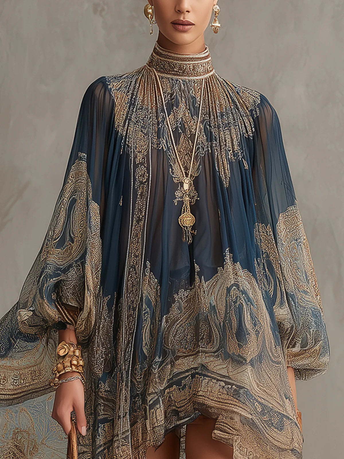 Navy Blue Baroque Print High-neck Irregular Chiffon Mini Dress | The Bellemont Sisters Australia