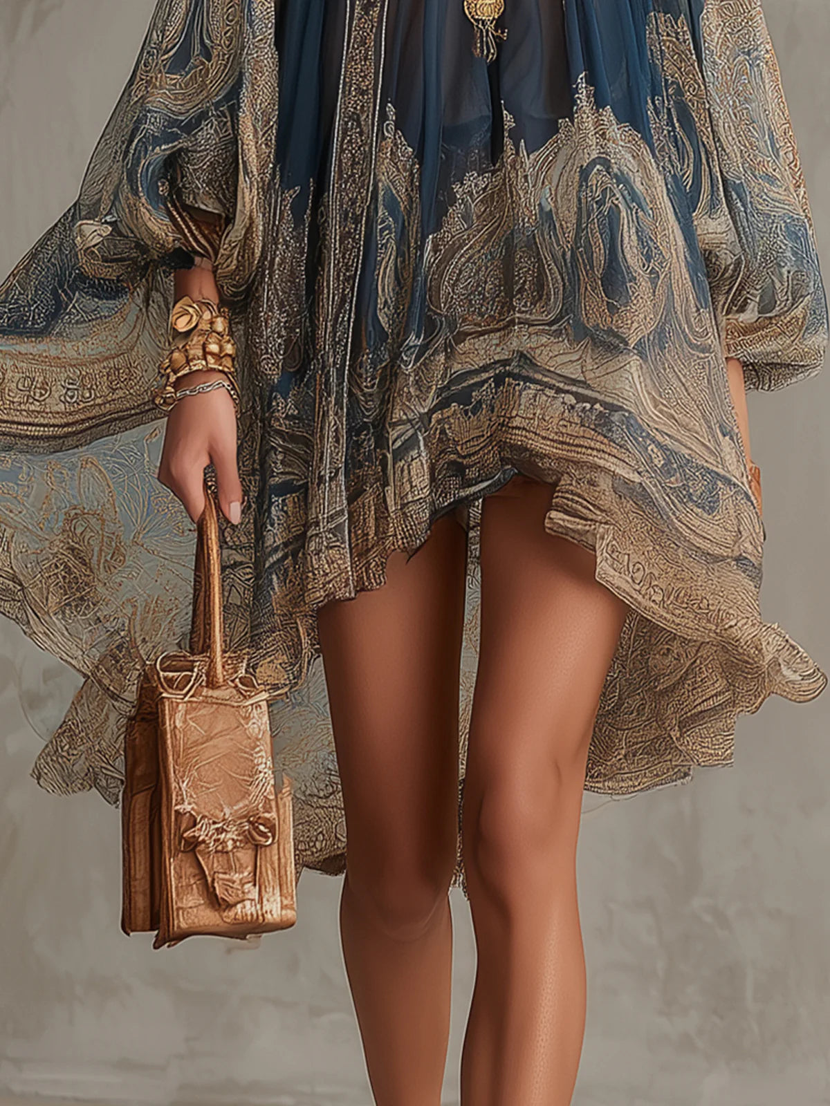 Navy Blue Baroque Print High-neck Irregular Chiffon Mini Dress | The Bellemont Sisters Australia