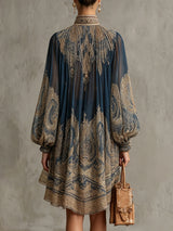 Navy Blue Baroque Print High-neck Irregular Chiffon Mini Dress | The Bellemont Sisters Australia