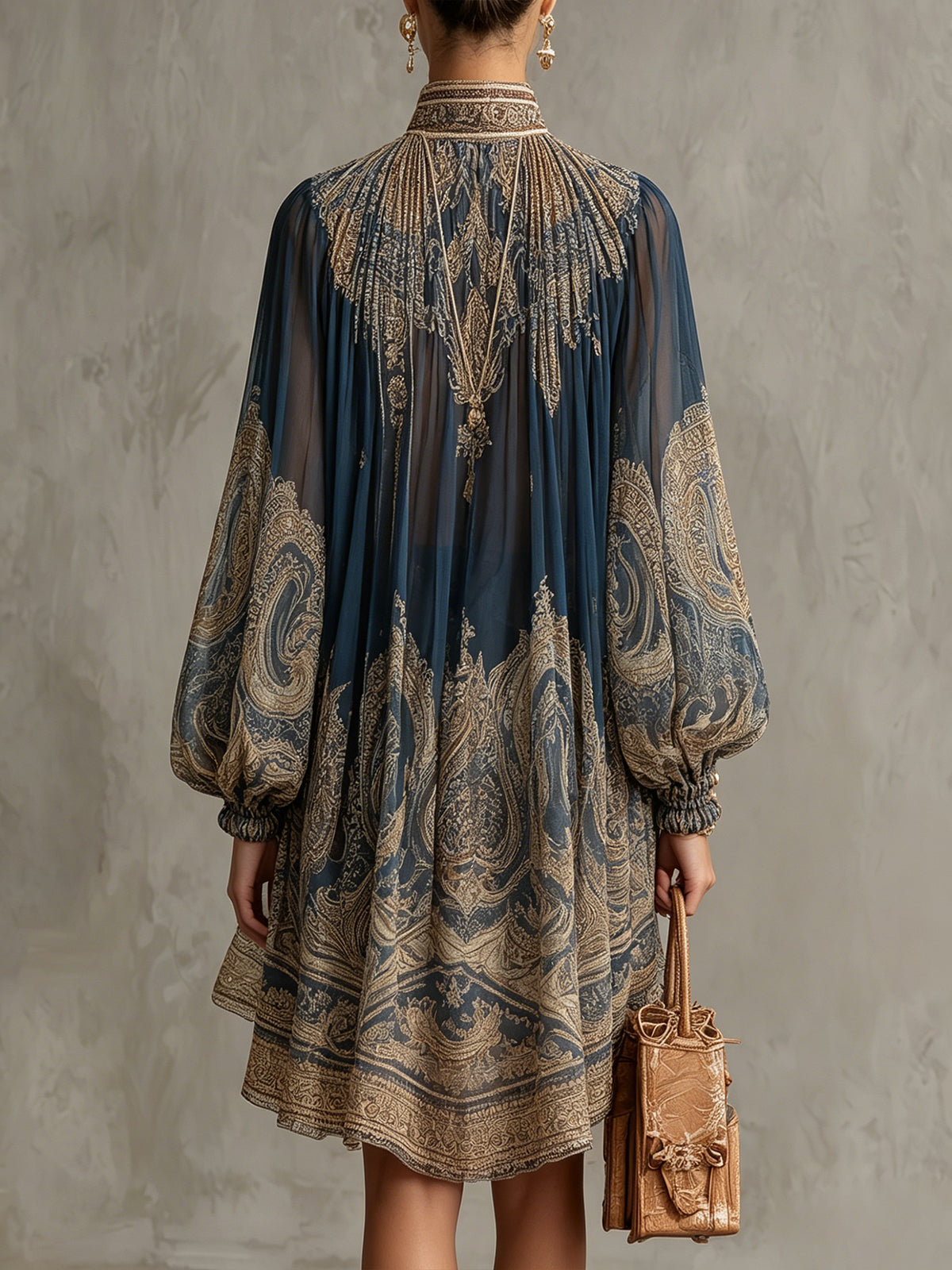 Navy Blue Baroque Print High-neck Irregular Chiffon Mini Dress | The Bellemont Sisters Australia