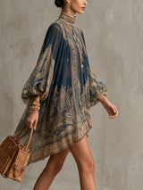 Navy Blue Baroque Print High-neck Irregular Chiffon Mini Dress | The Bellemont Sisters Australia