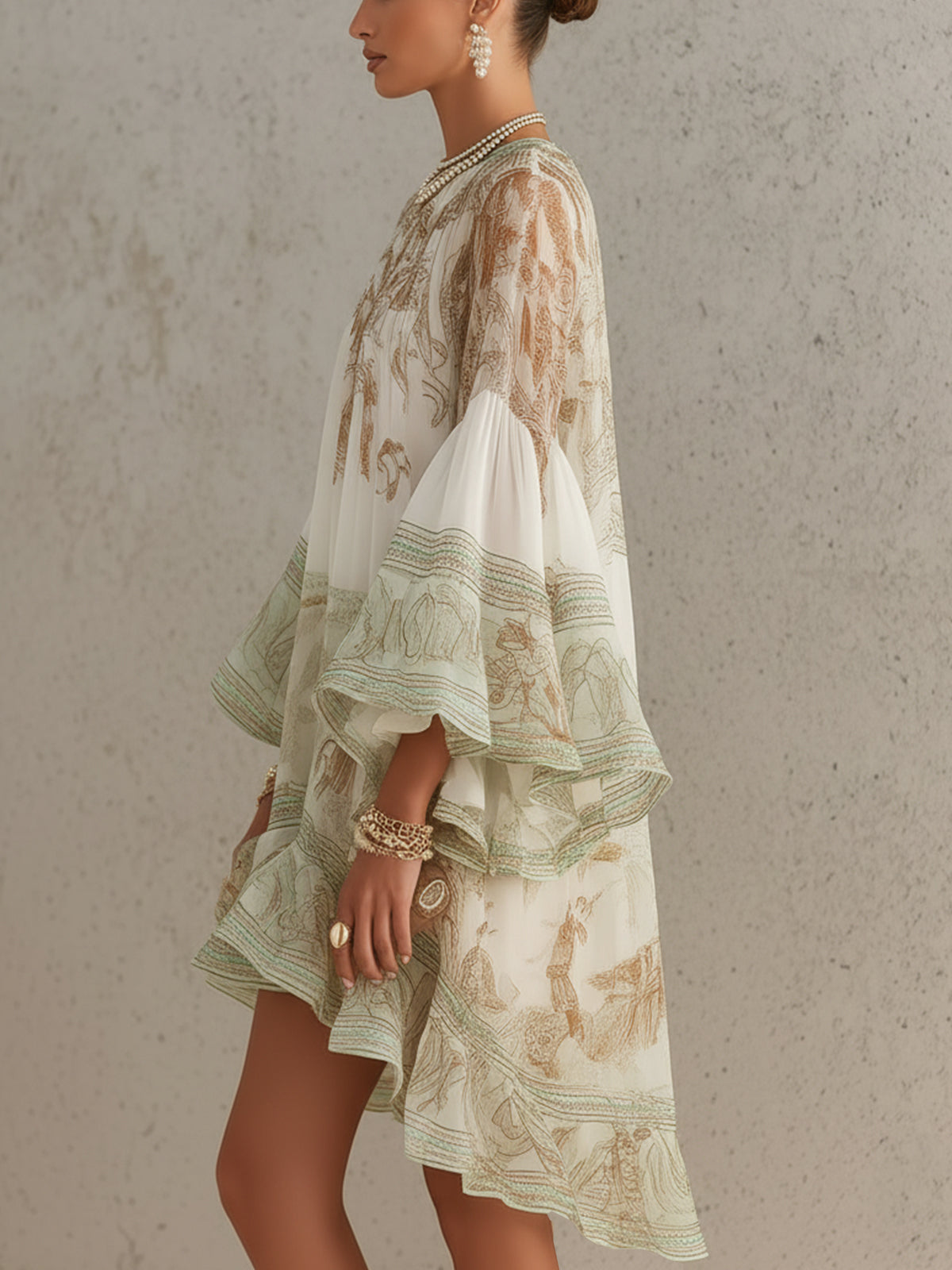 Green Print Ruffle Hem Flounce Sleeve Chiffon Mini Dress | The Bellemont Sisters Australia
