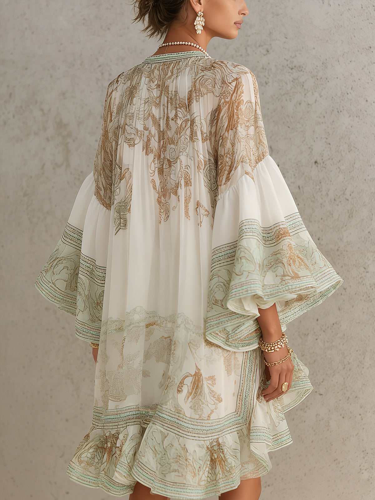 Green Print Ruffle Hem Flounce Sleeve Chiffon Mini Dress | The Bellemont Sisters Australia