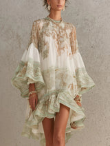 Green Print Ruffle Hem Flounce Sleeve Chiffon Mini Dress – Green | The Bellemont Sisters Australia